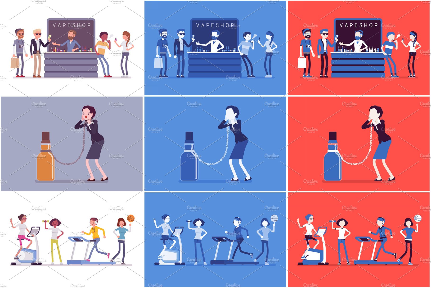 A series of illustrations of people in different poses.