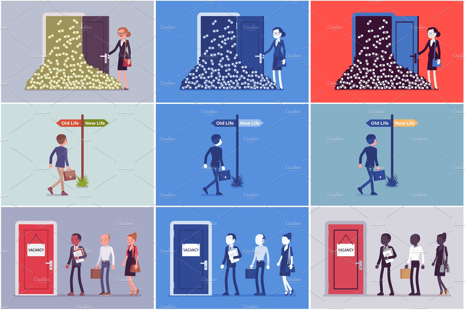 A series of illustrations of people standing in front of a door.