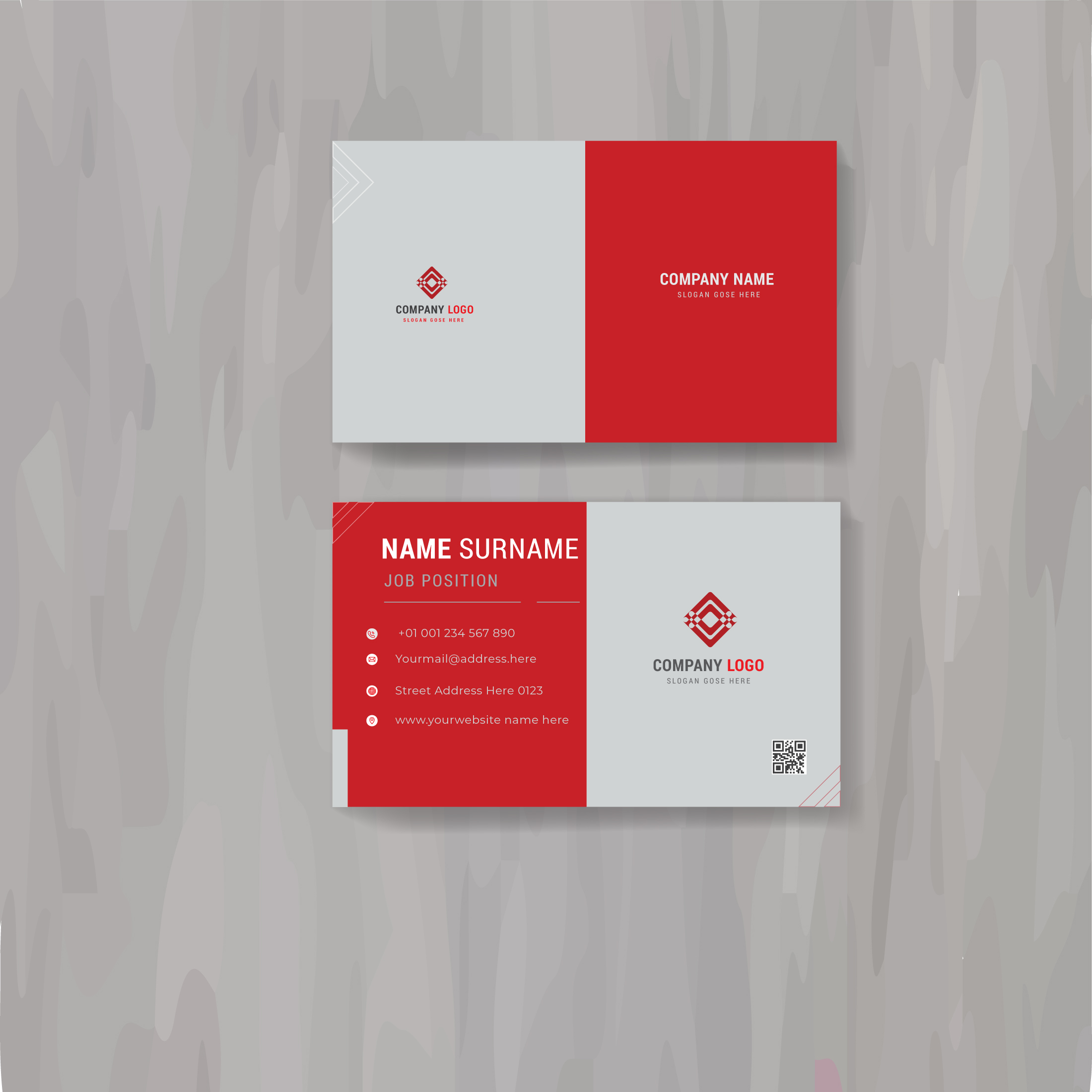 Business card with a red and white design.