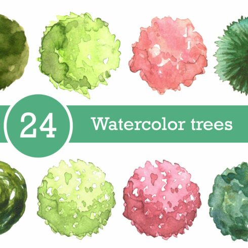 Watercolor trees set, top view cover image.