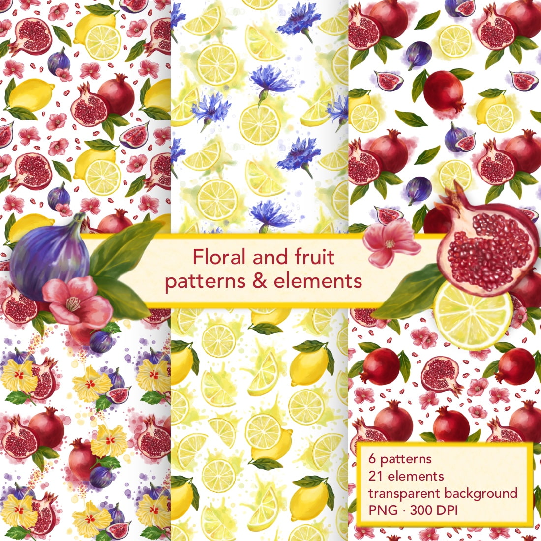 Floral and fruit patterns & elements cover image.