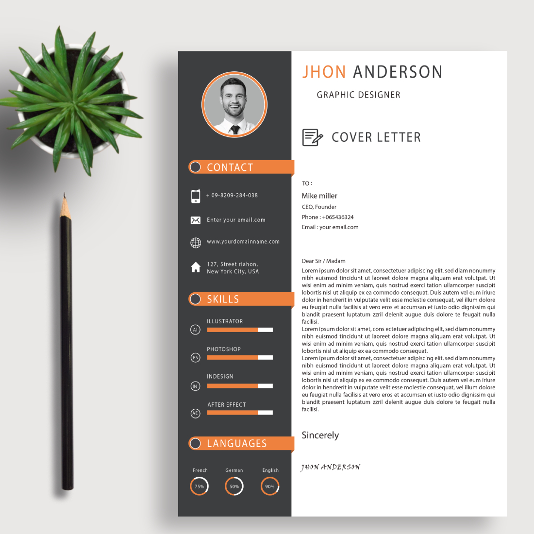 Professional resume template with an orange accent.