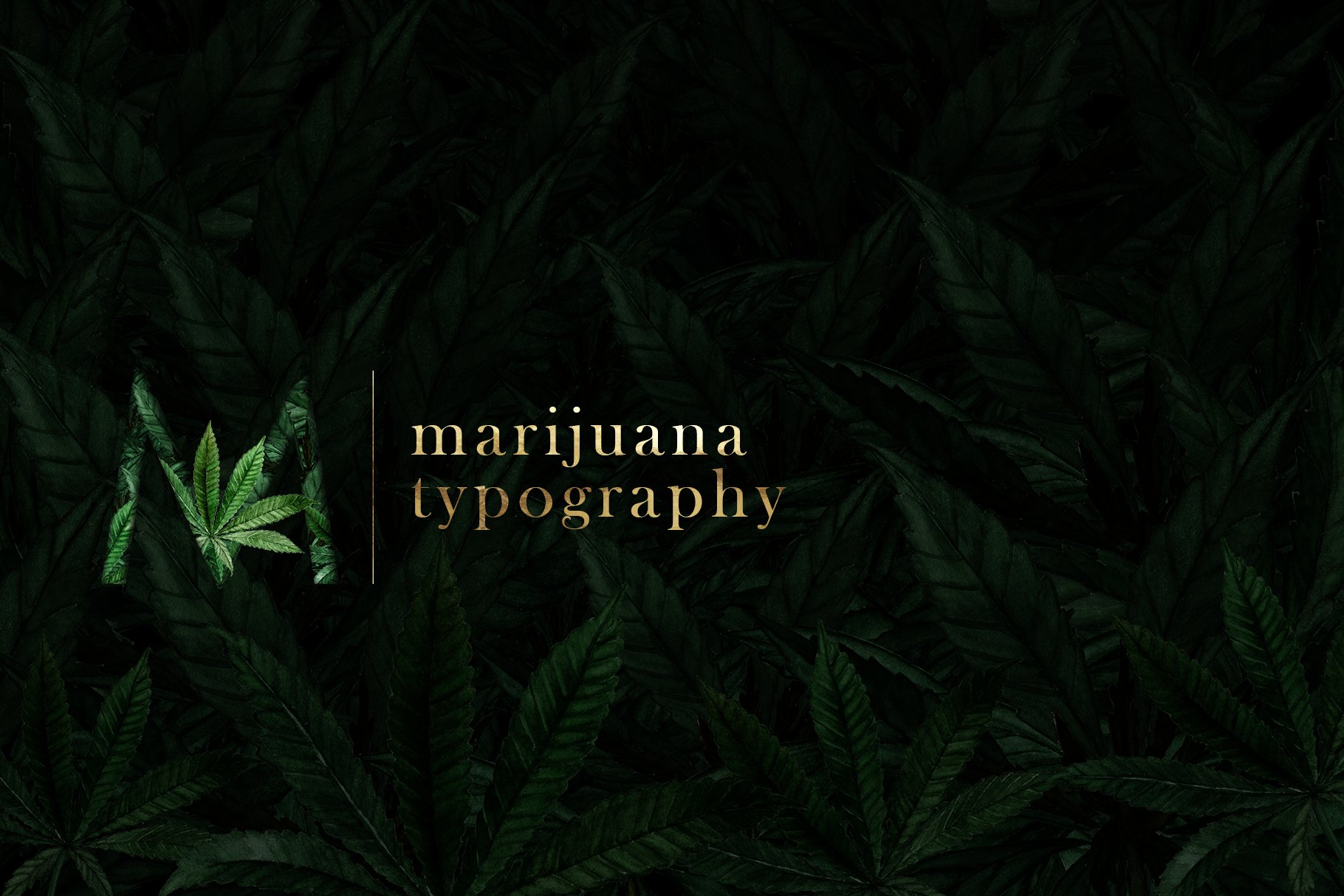 Dark green background with leaves and the words marijuana typography.