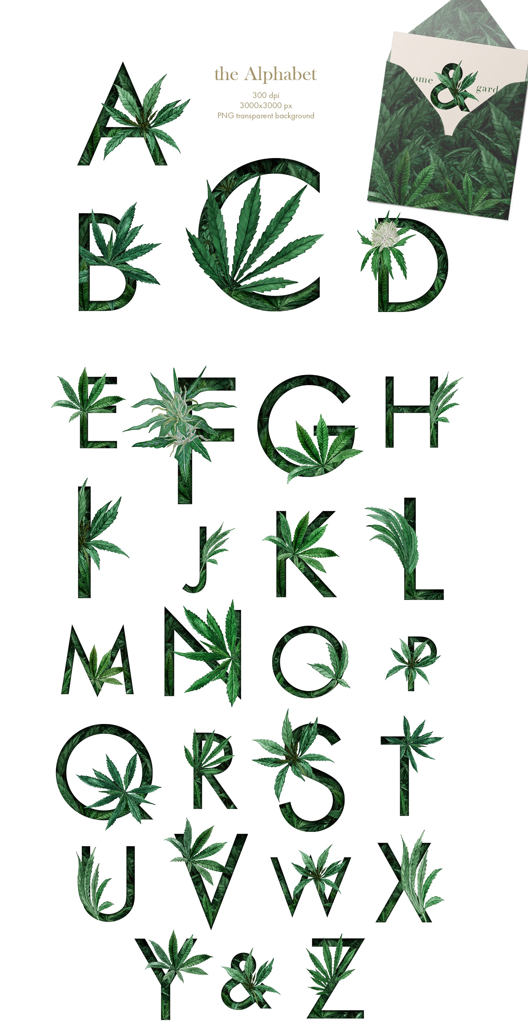 Poster with the letters and numbers made out of marijuana leaves.