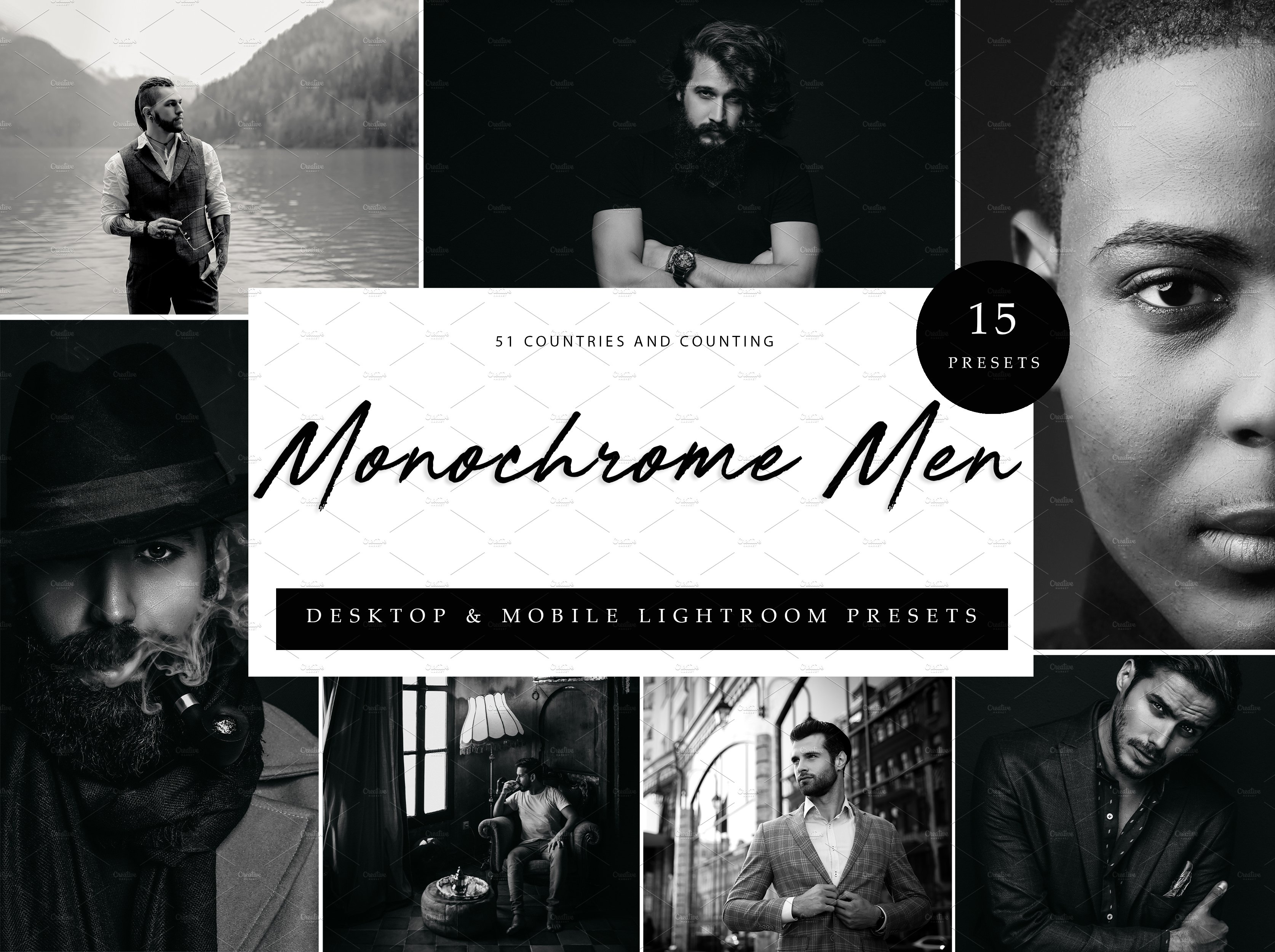 15xLightroom Presets Monochrome Mencover image.