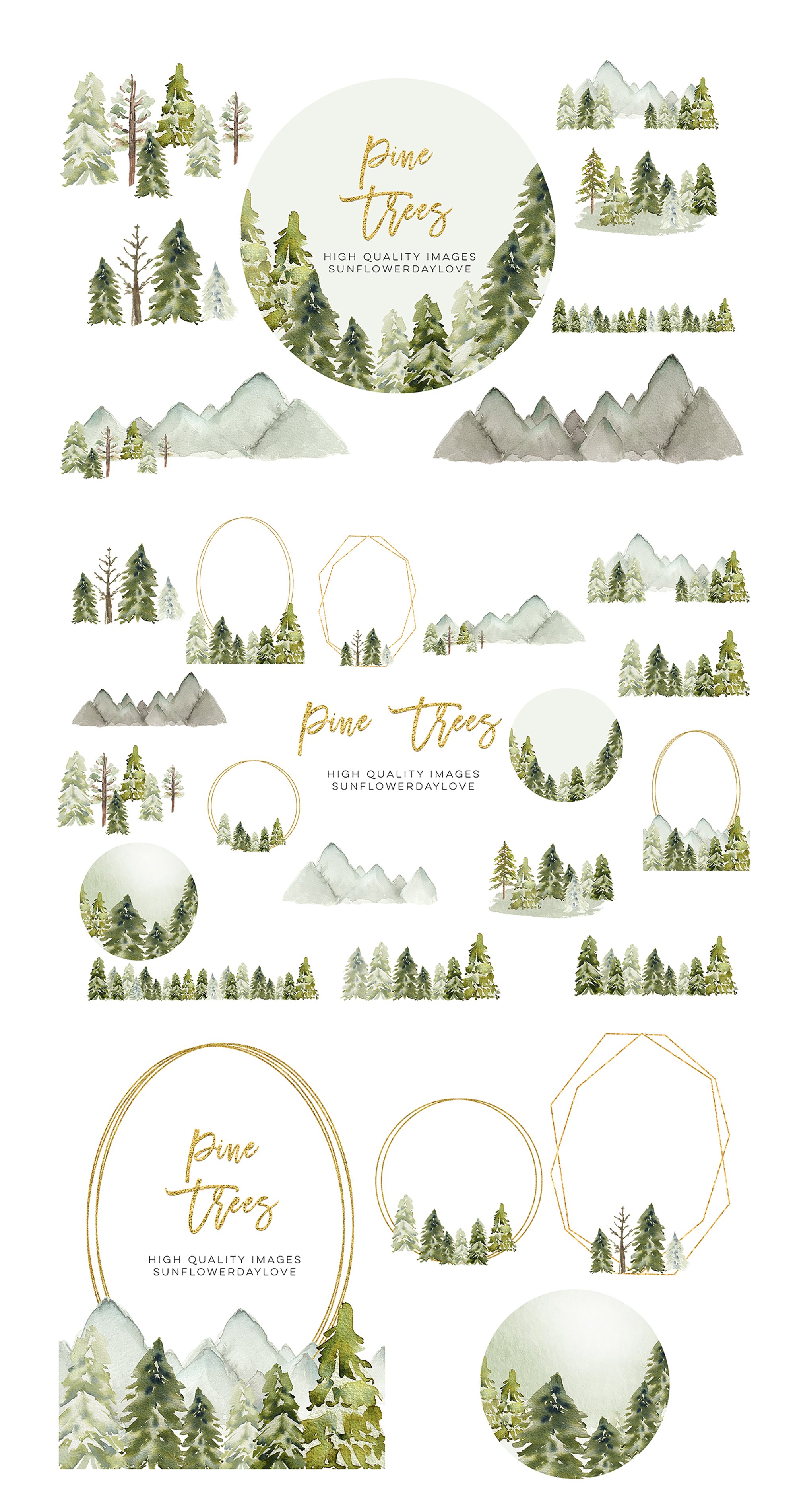 Set of watercolor brushes with mountains and trees in the background.