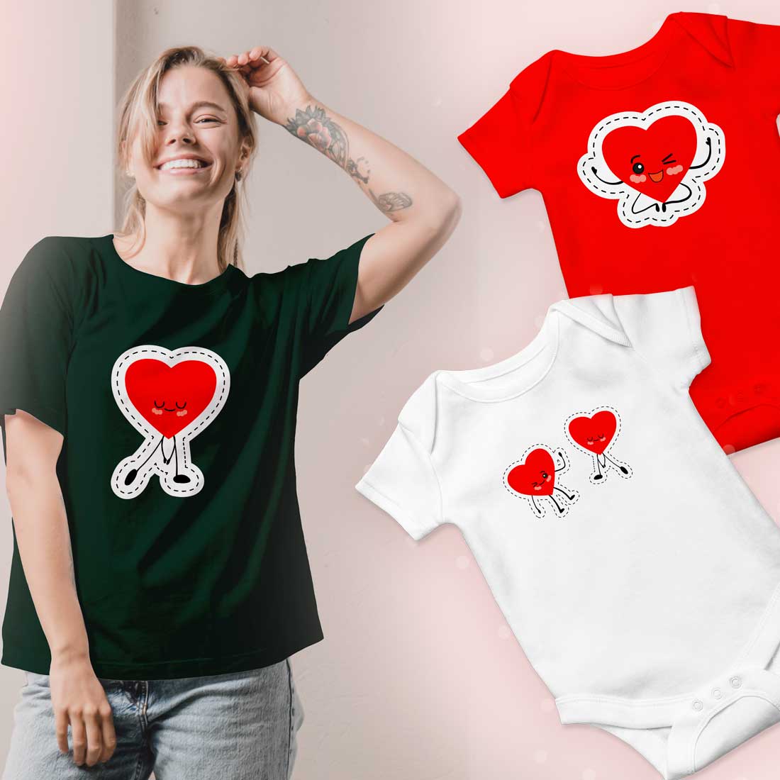 Woman wearing a t - shirt with a heart on it.