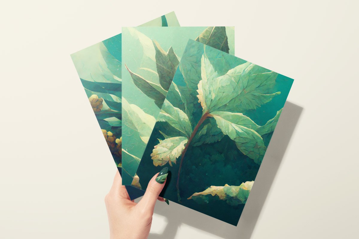 Hand is holding three prints of leaves.