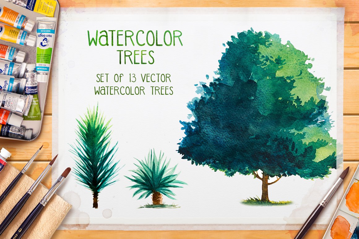 Watercolor trees set of 13 watercolor trees.
