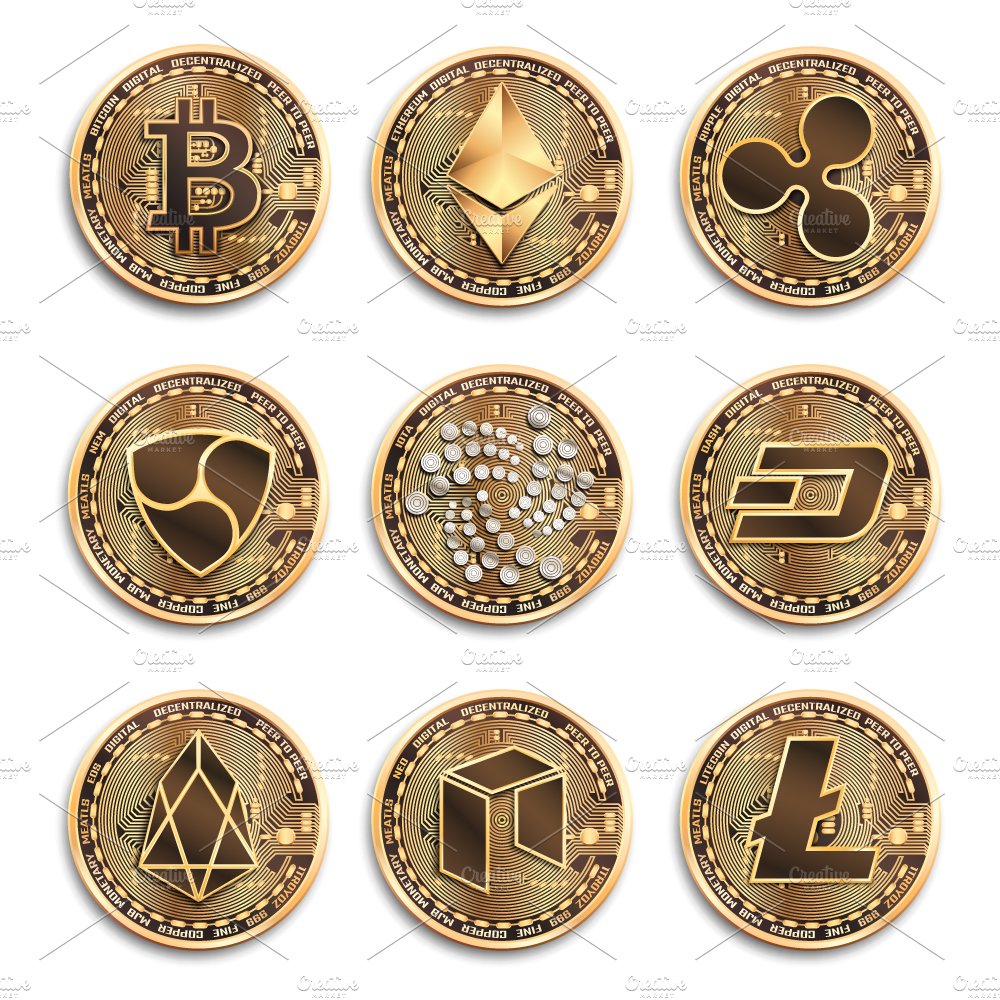 A set of gold coins with different symbols.