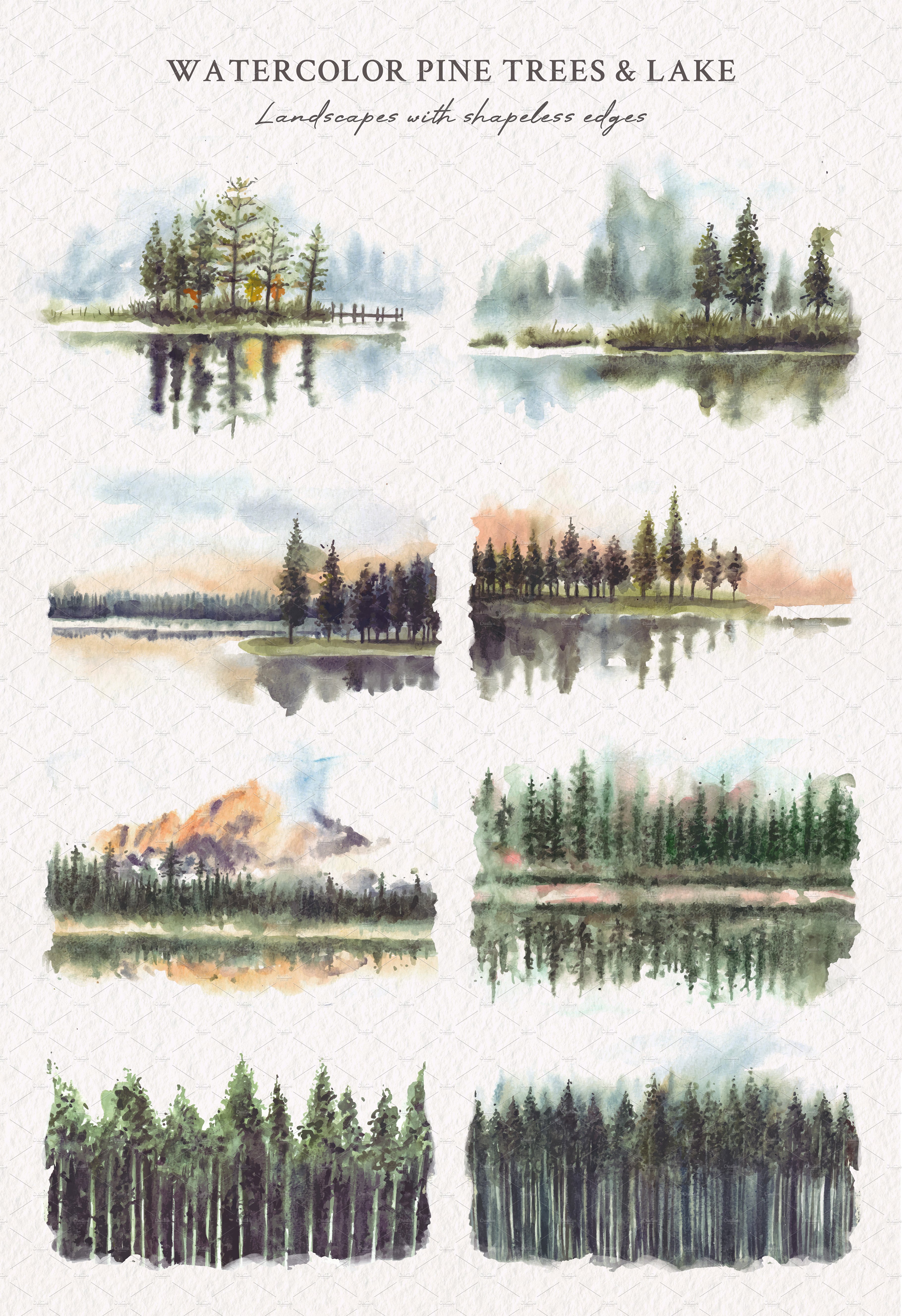 Watercolor Pine Trees & Lake preview image.