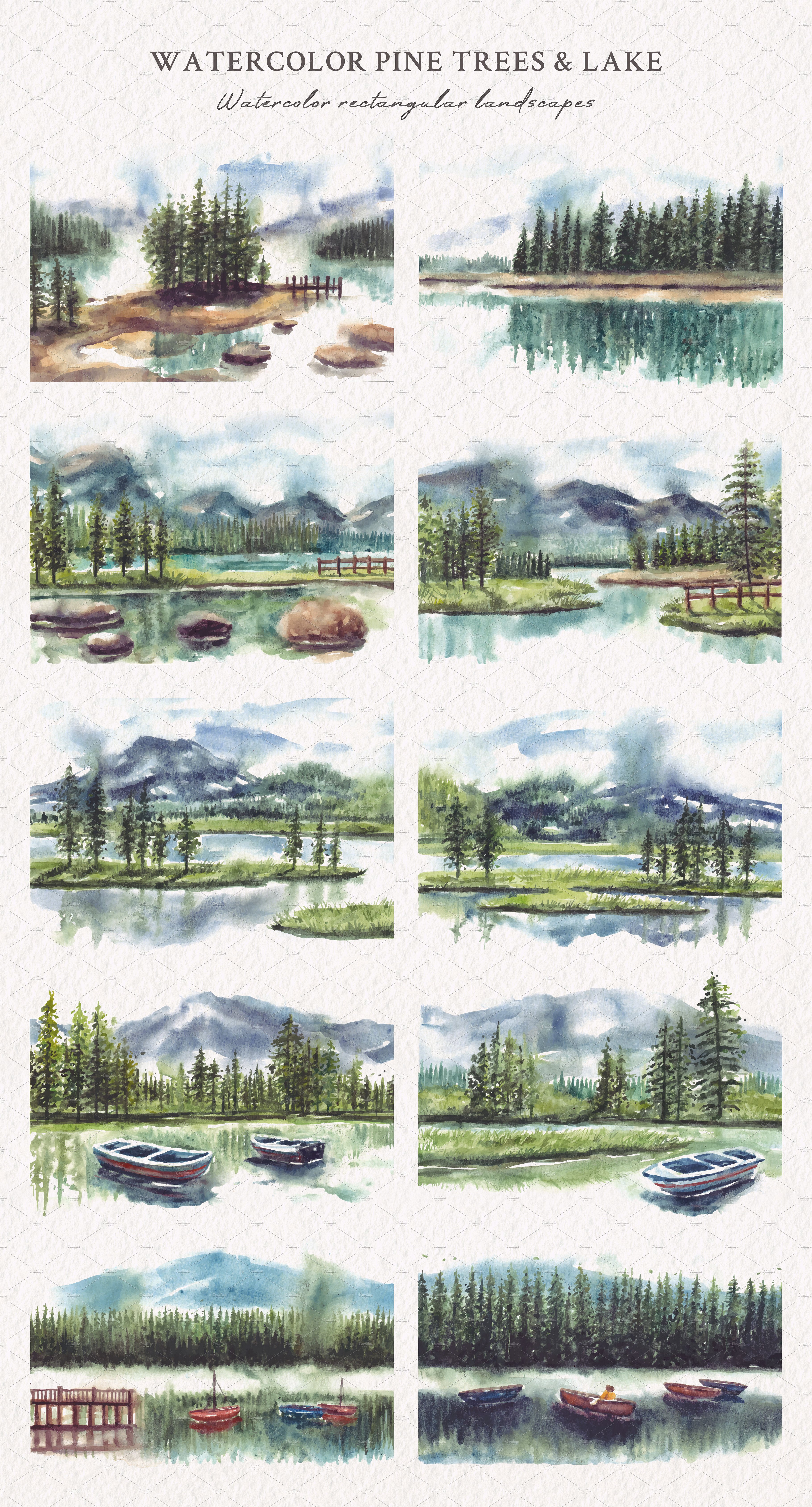 Watercolor painting of different types of trees and boats.