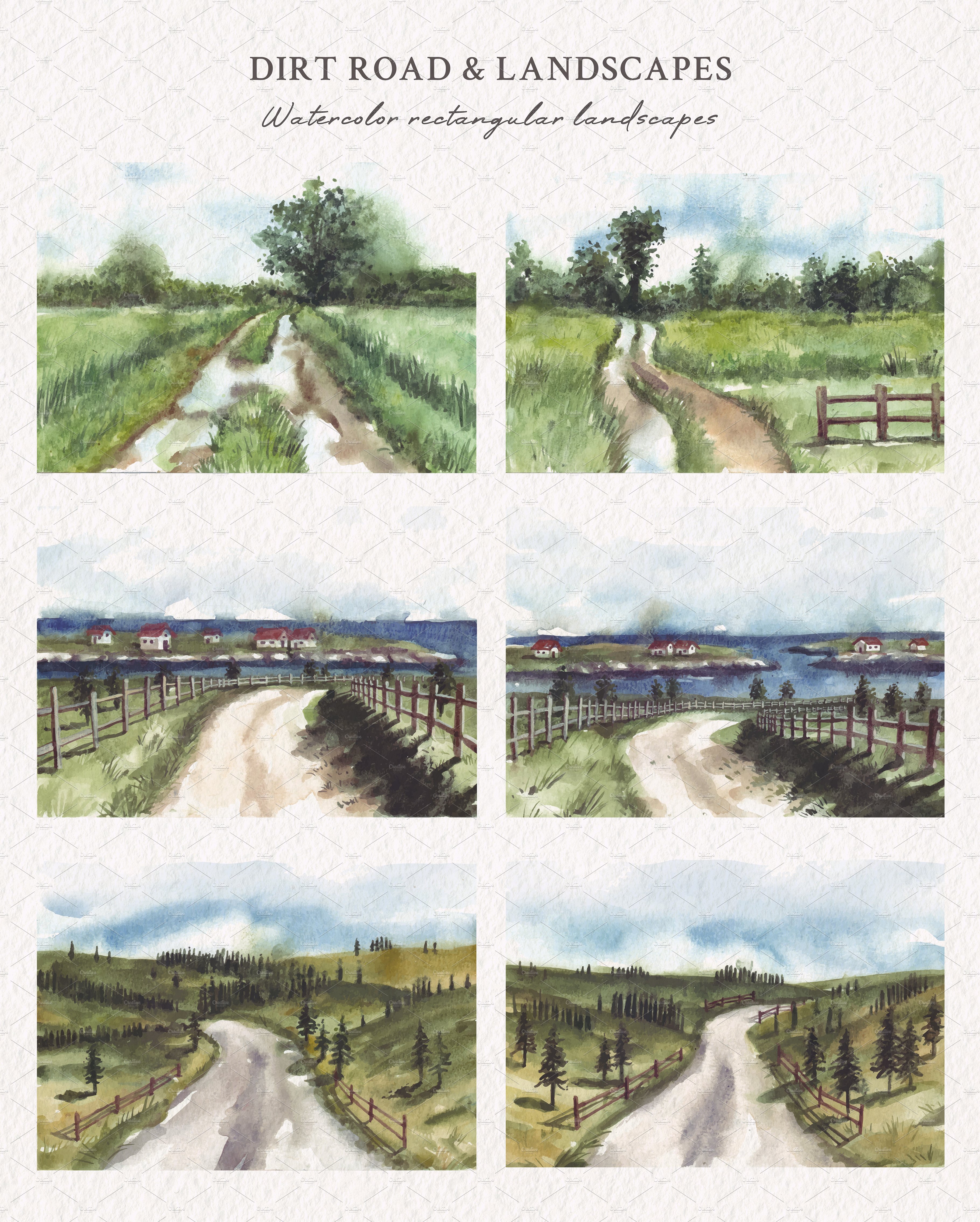 Drawing of a dirt road and landscapes.