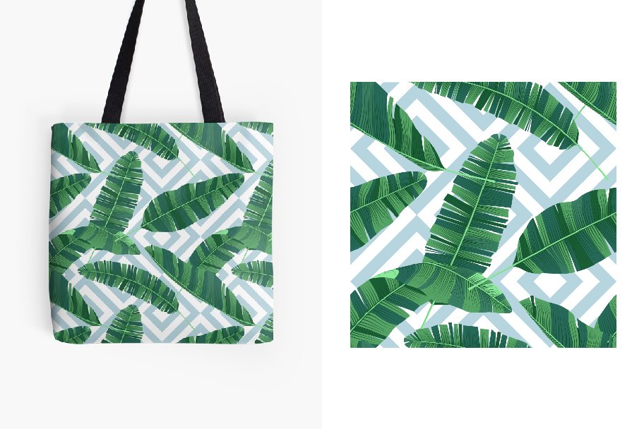 Tote bag and a tote bag with palm leaves.