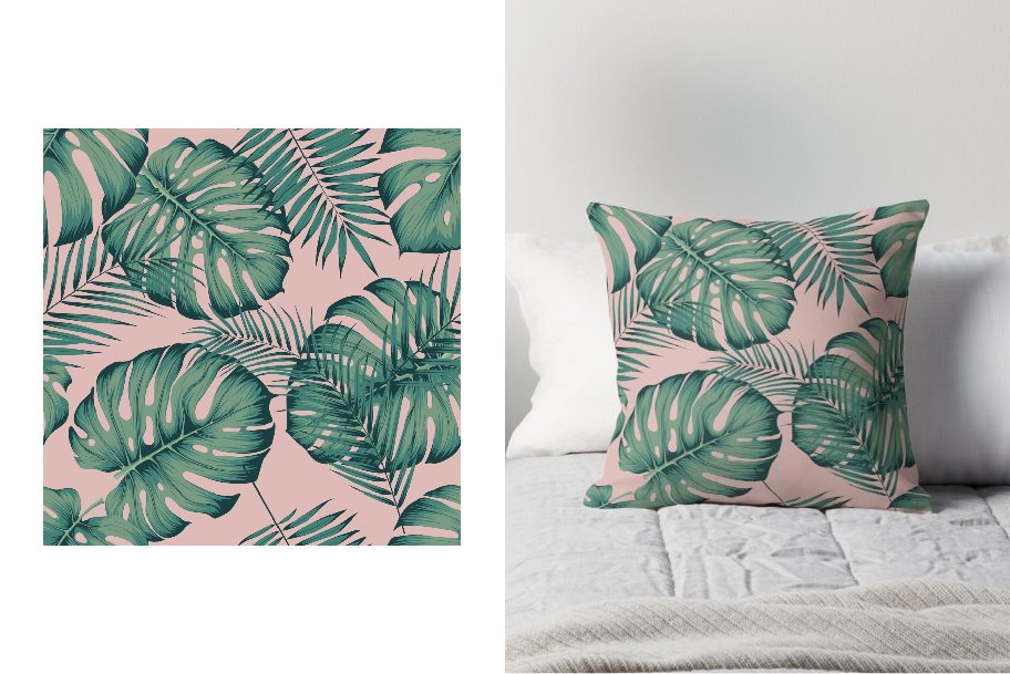 Bed with a pink and green tropical print on it.