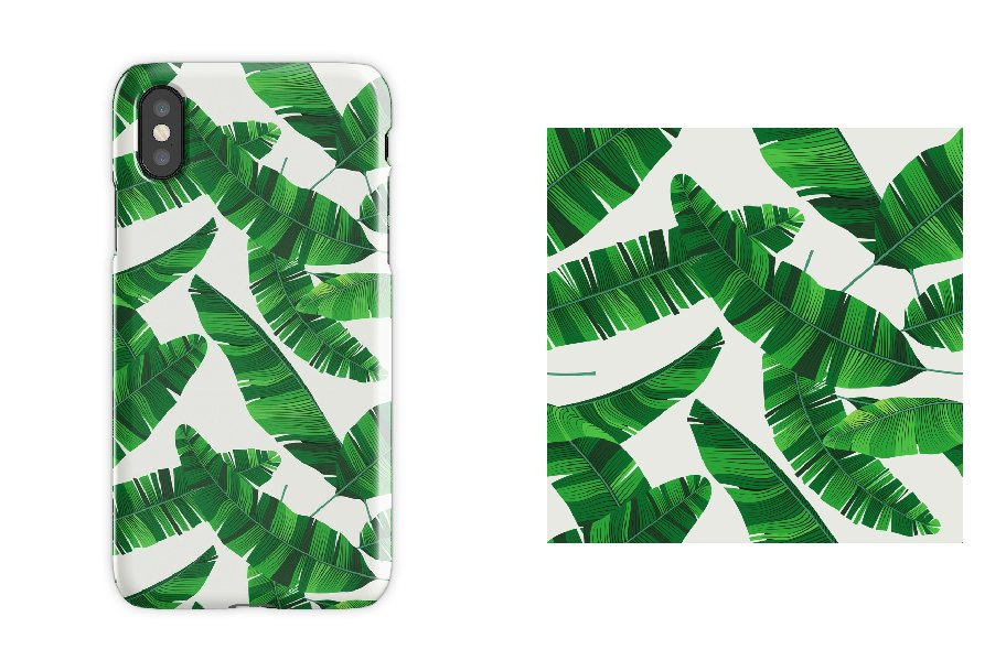 Phone case with a pattern of green leaves.