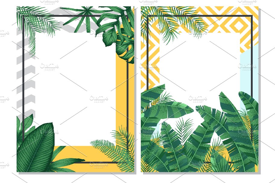 Set of two vertical banners with tropical leaves.