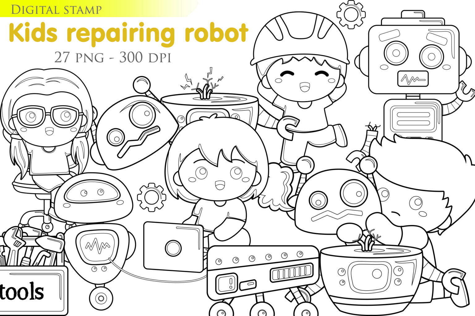 Repair Robot Engineer Scrapbook Digital Stamp MasterBundles
