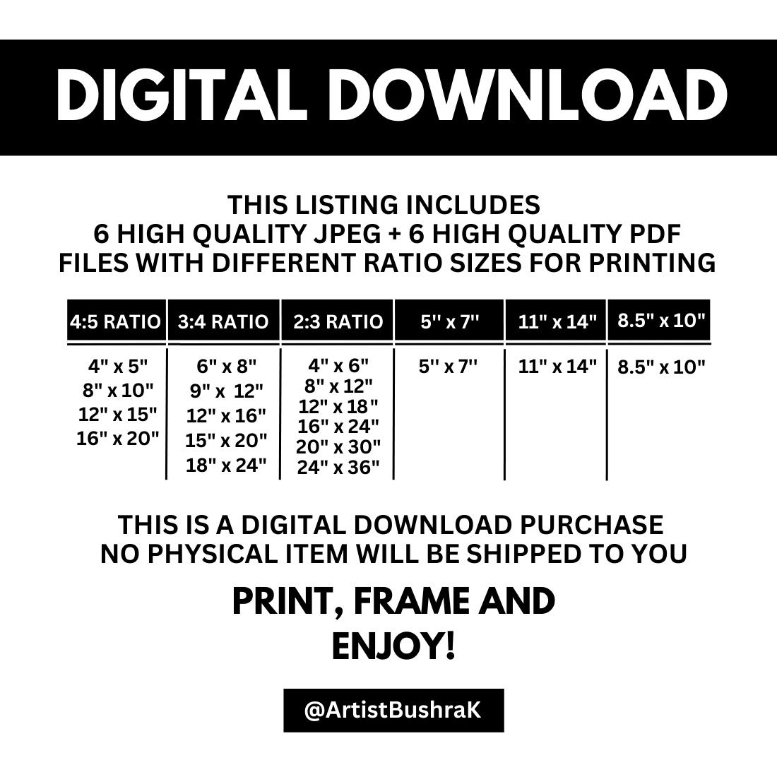 digital download instructions size chart print frame 179