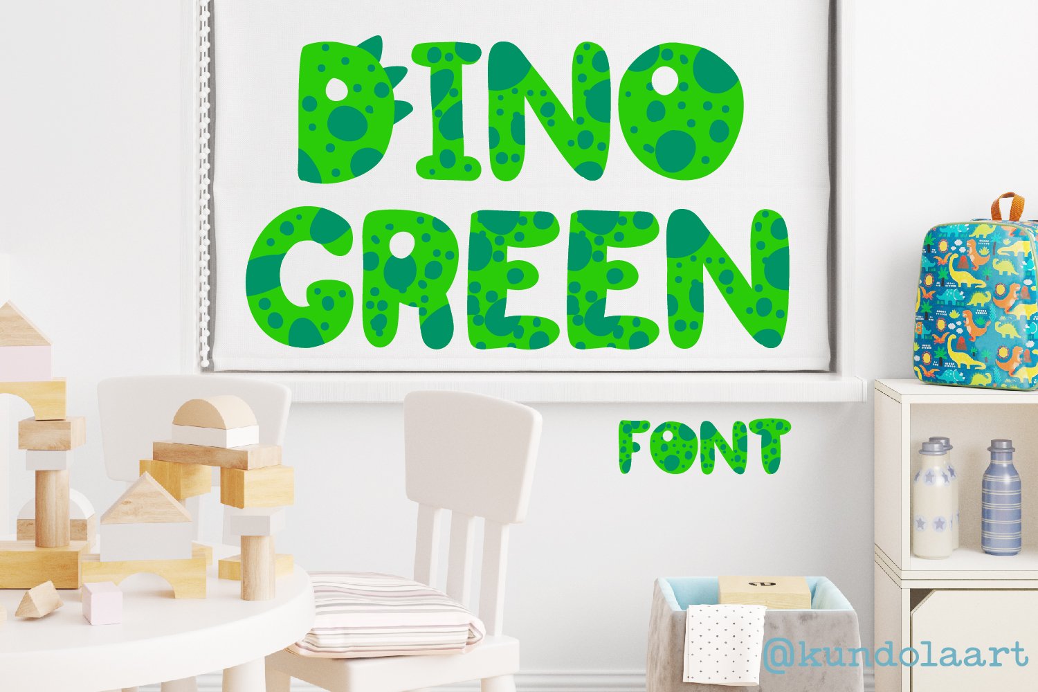 Dino green Font. Color cute dinosaur cover image.