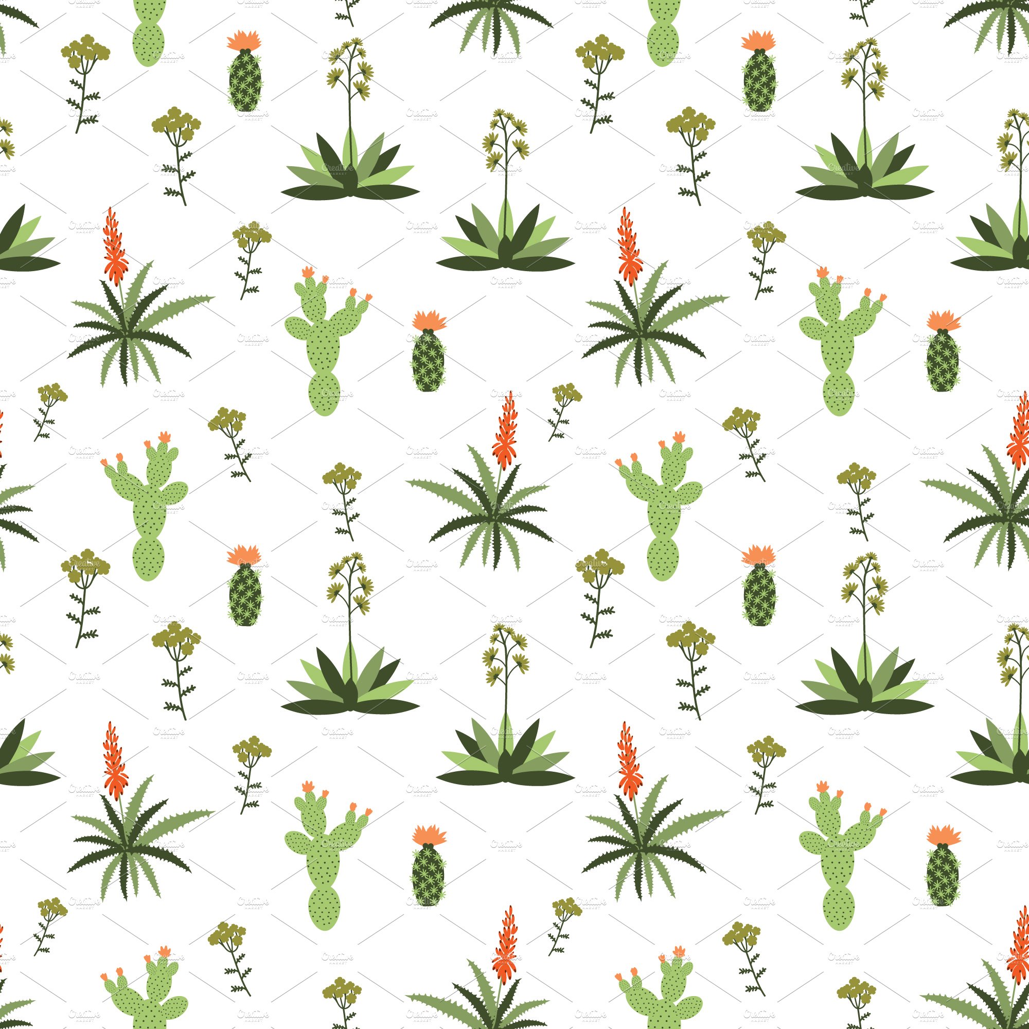 Pattern of plants and flowers on a white background.