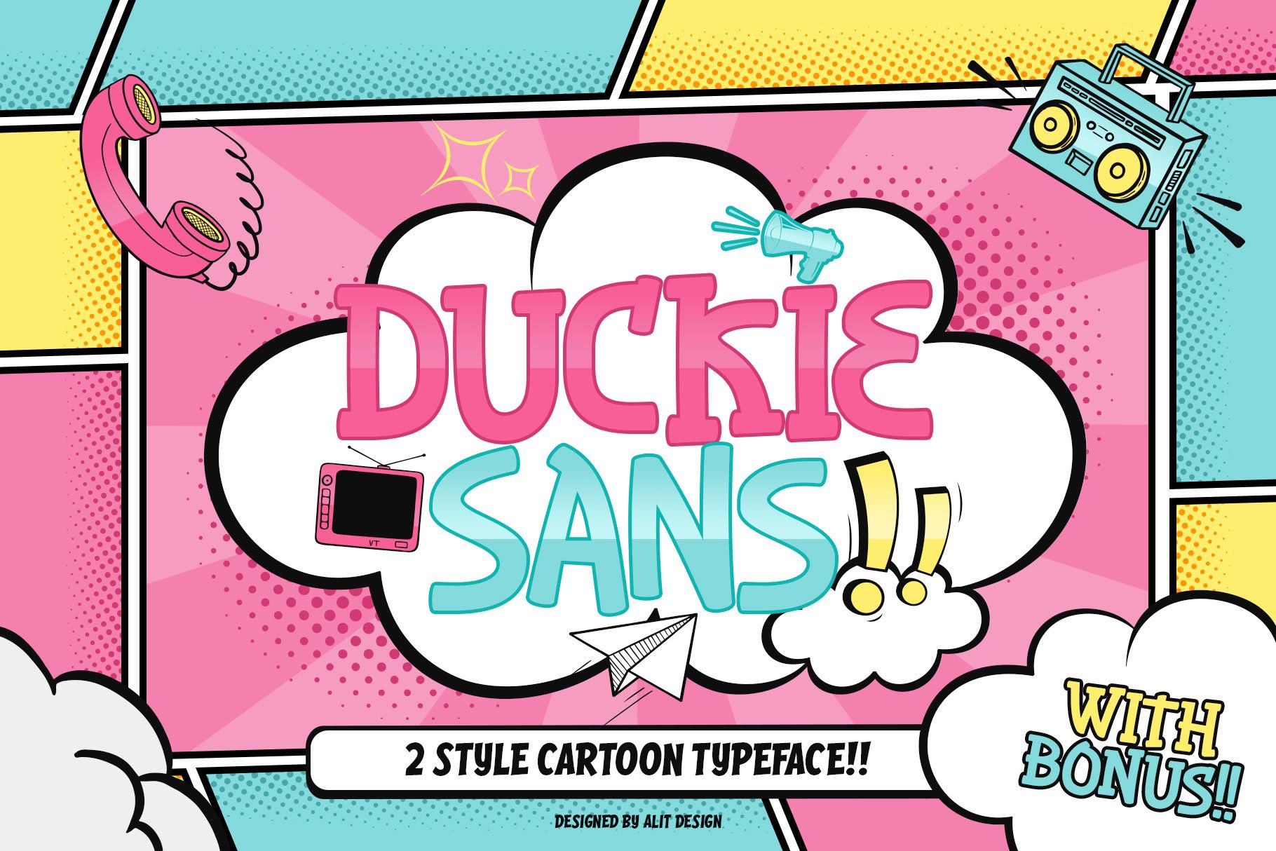 Duckie Sans Cartoon Comic Typeface cover image.