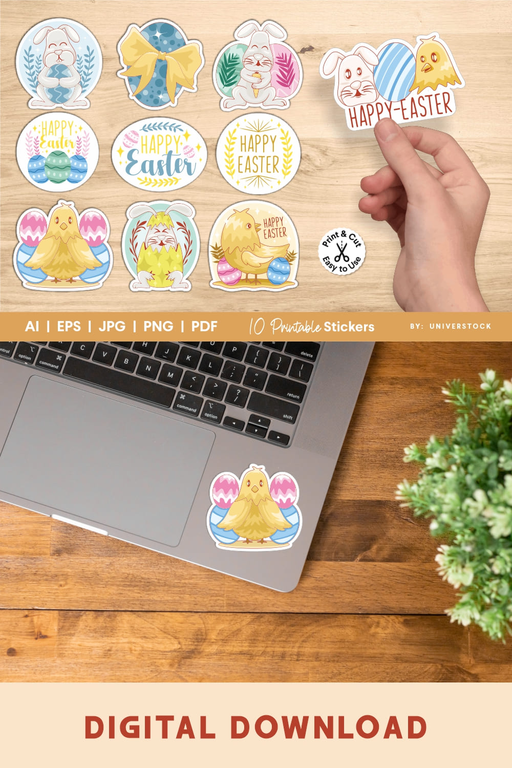 Easter Day Cartoon Printable Stickers, Easter Bunny & Chick pinterest preview image.