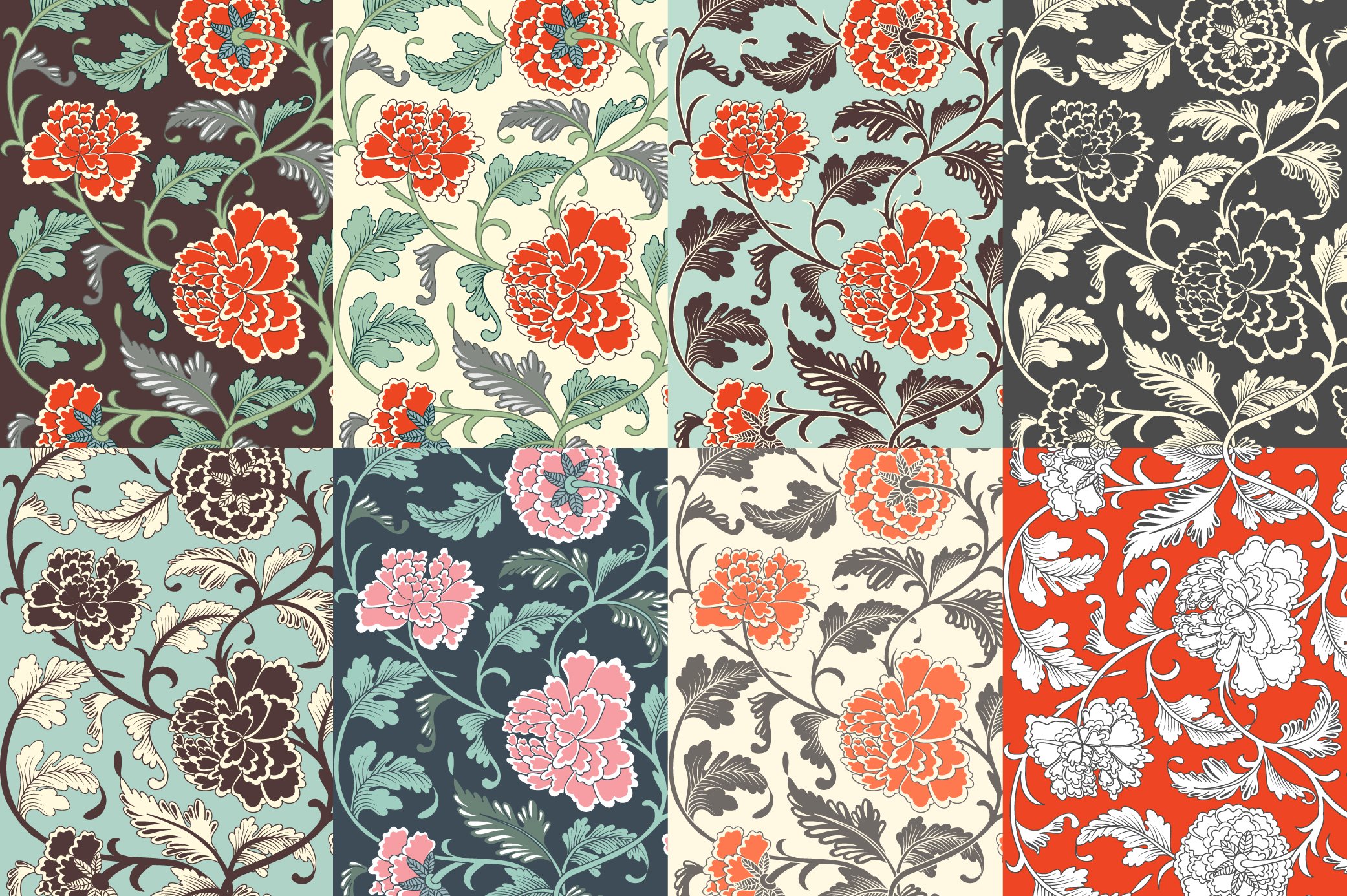 A set of four floral wallpaper designs.