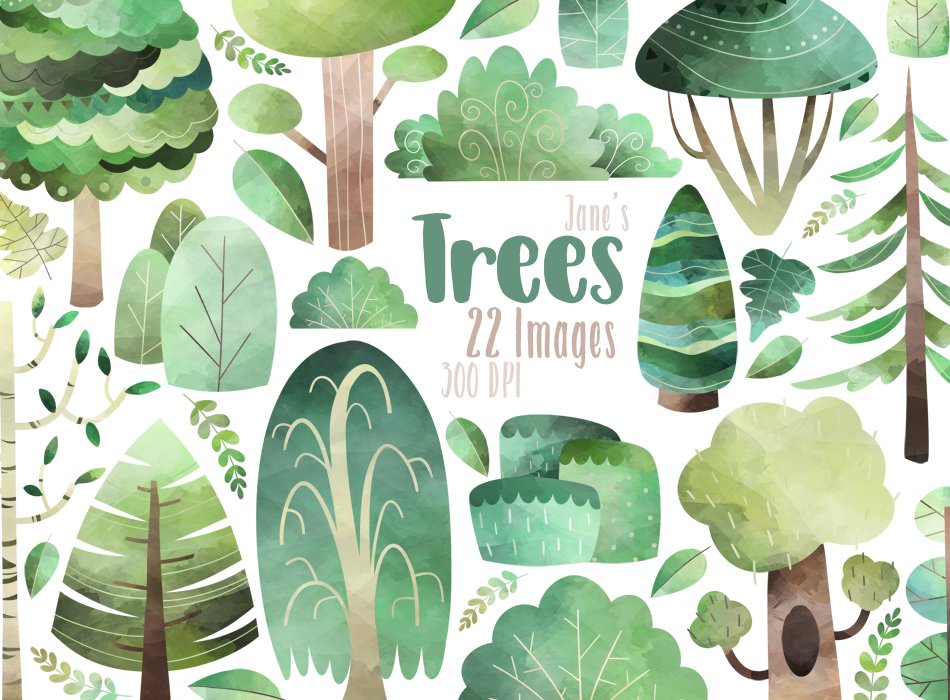 Watercolor Trees Clipart cover image.