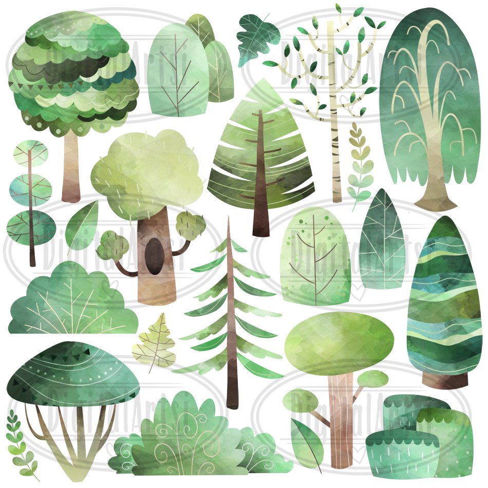 Collection of watercolor trees and plants.