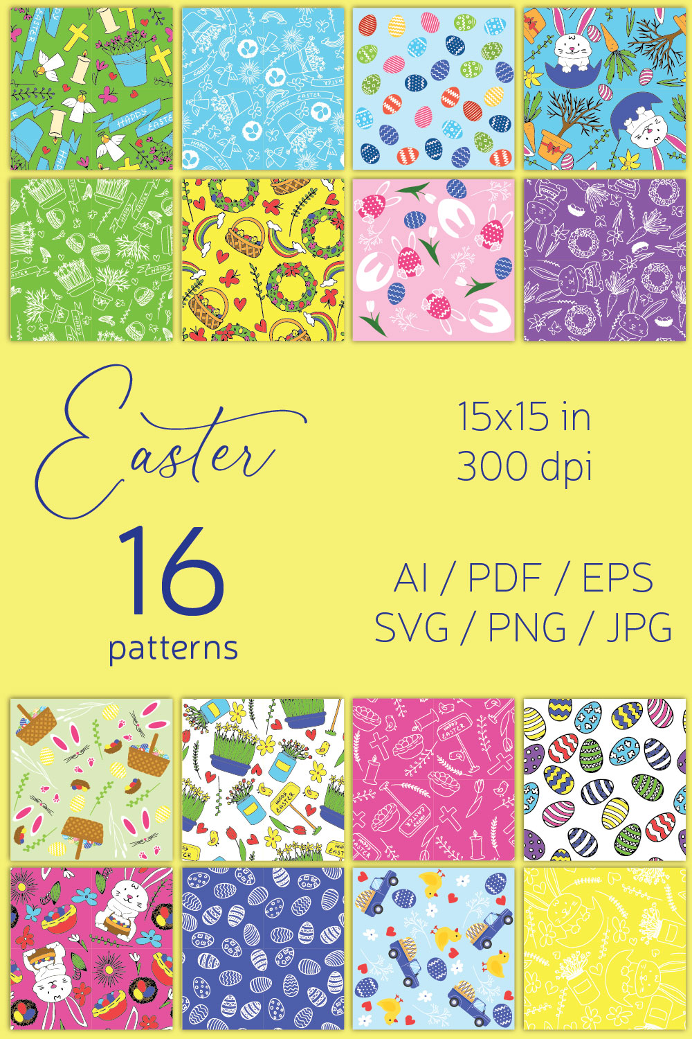 Collage with seamless colorful patterns with Easter pictures.