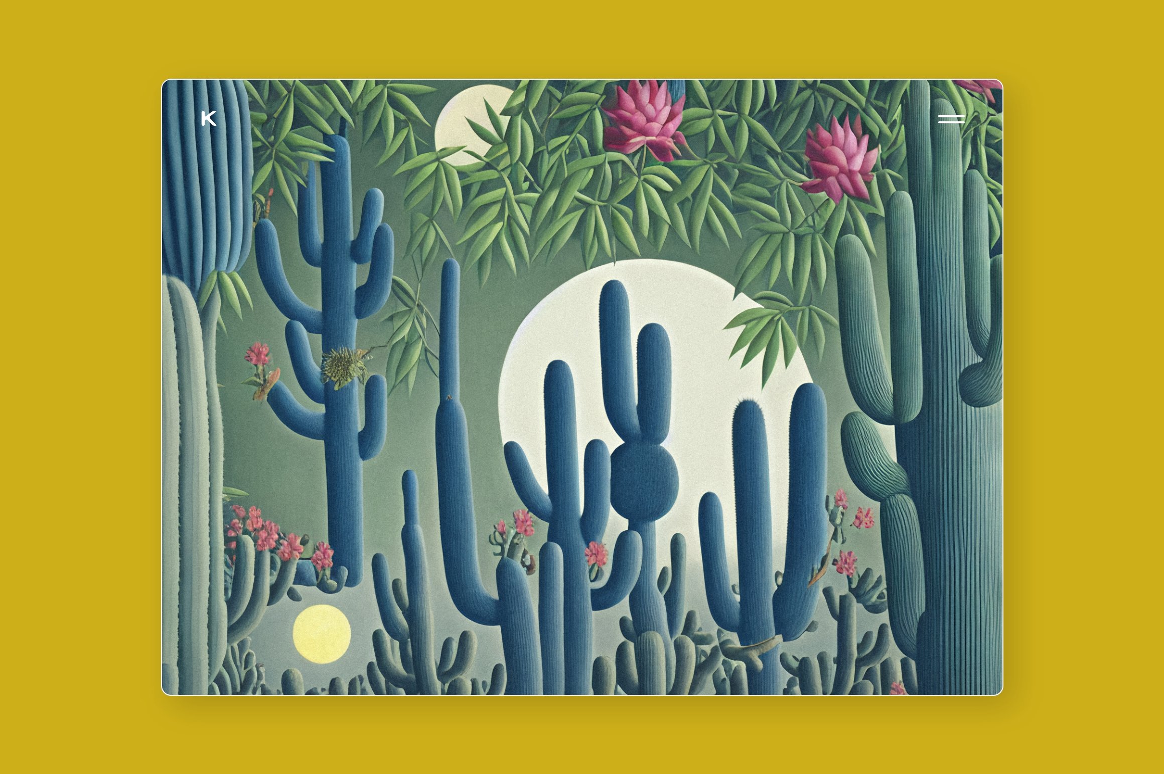 Painting of a desert with cacti and flowers.