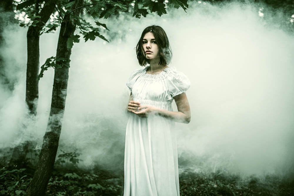 female victim in white dress in the misty forest 8djprqw 2 761