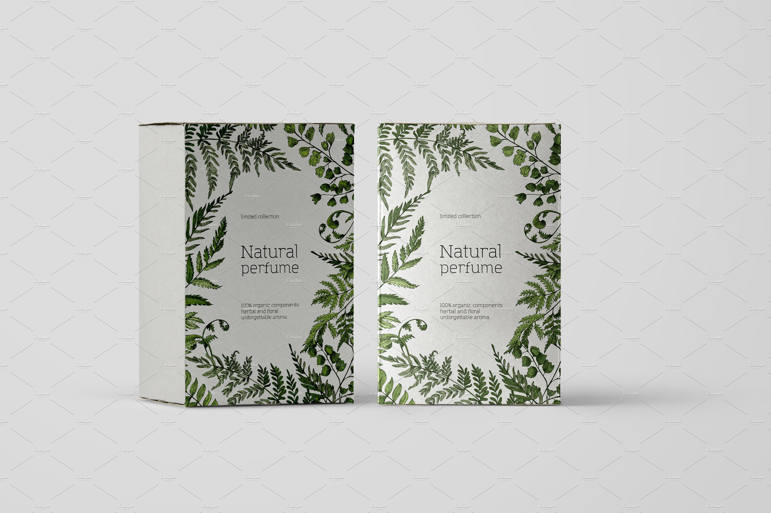 Box of natural perfume on a white background.