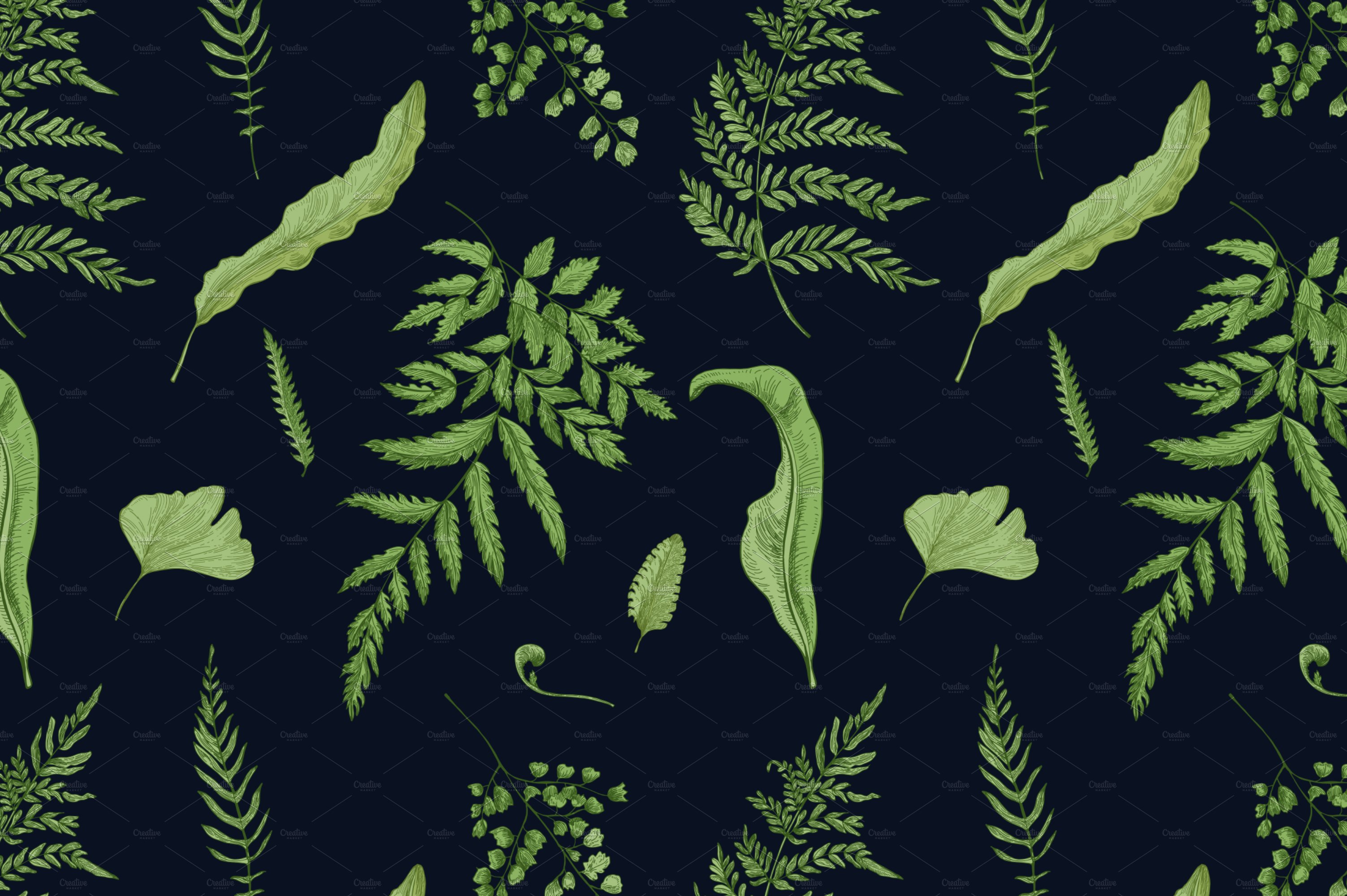 Pattern of green leaves on a black background.