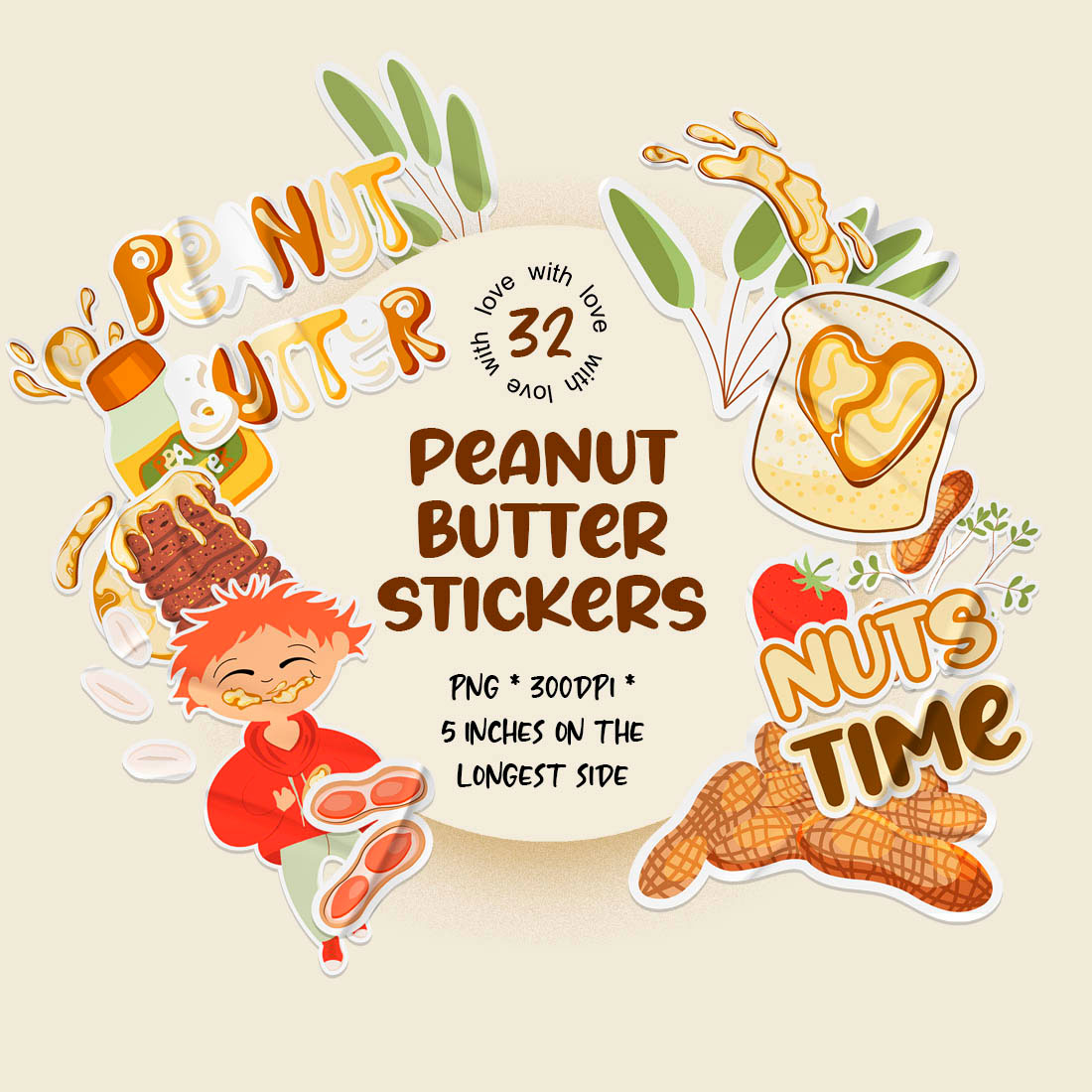 Set of peanut butter stickers | 32 sticker designs for peanut butter day png cover image.
