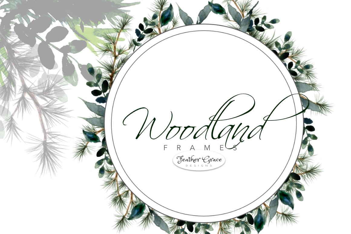 The word woodland frame surrounded by leaves and branches.