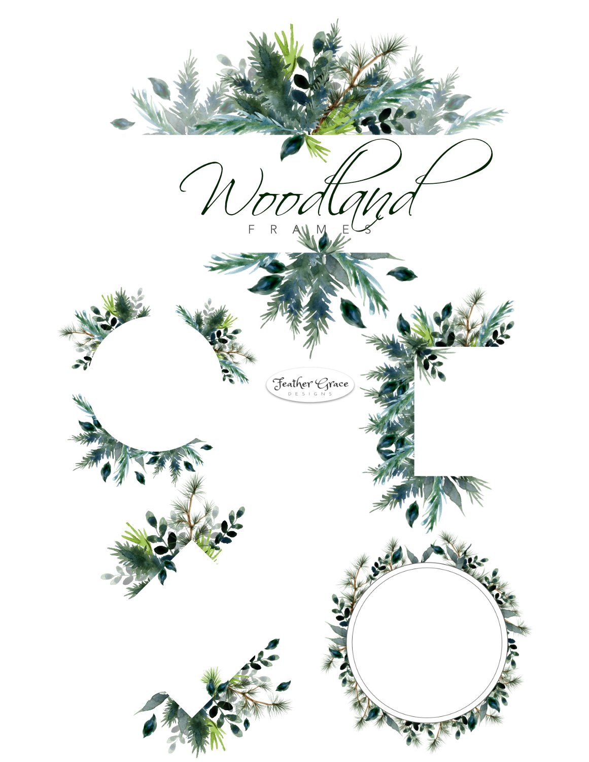 Set of watercolor christmas wreaths on a white background.
