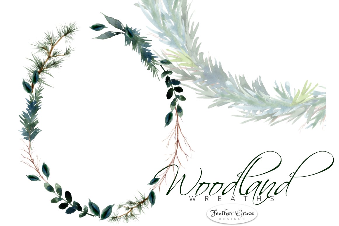 Watercolor painting of a wreath of leaves and branches.