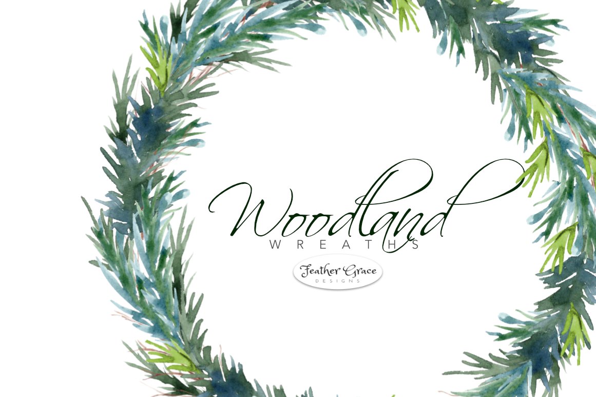Watercolor wreath with the word woodland written in it.