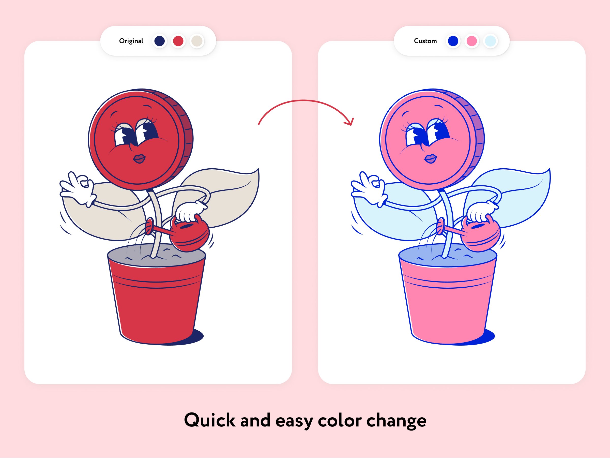 Two pictures of a cartoon character in a flower pot.