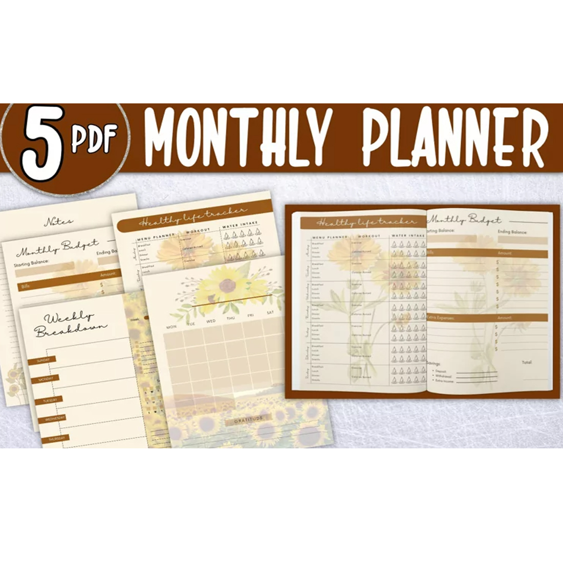 Sunflower printable Planner| Monthly planner 85X11PDF preview image.