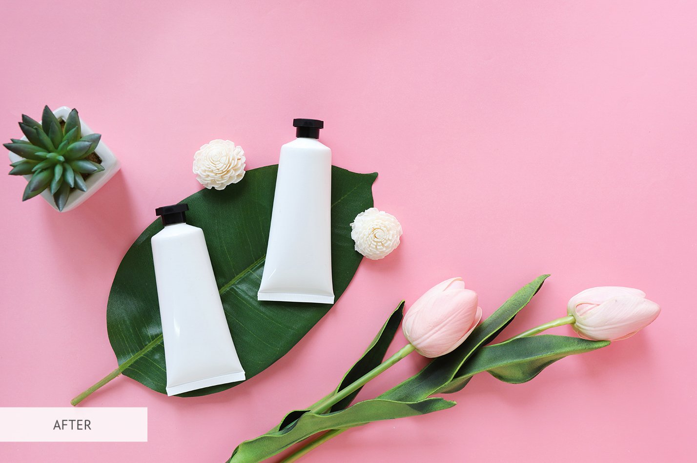 flat lay of beauty skincare products for mock up in minimal style with plant and flower on pink t20 6lw6ey 443