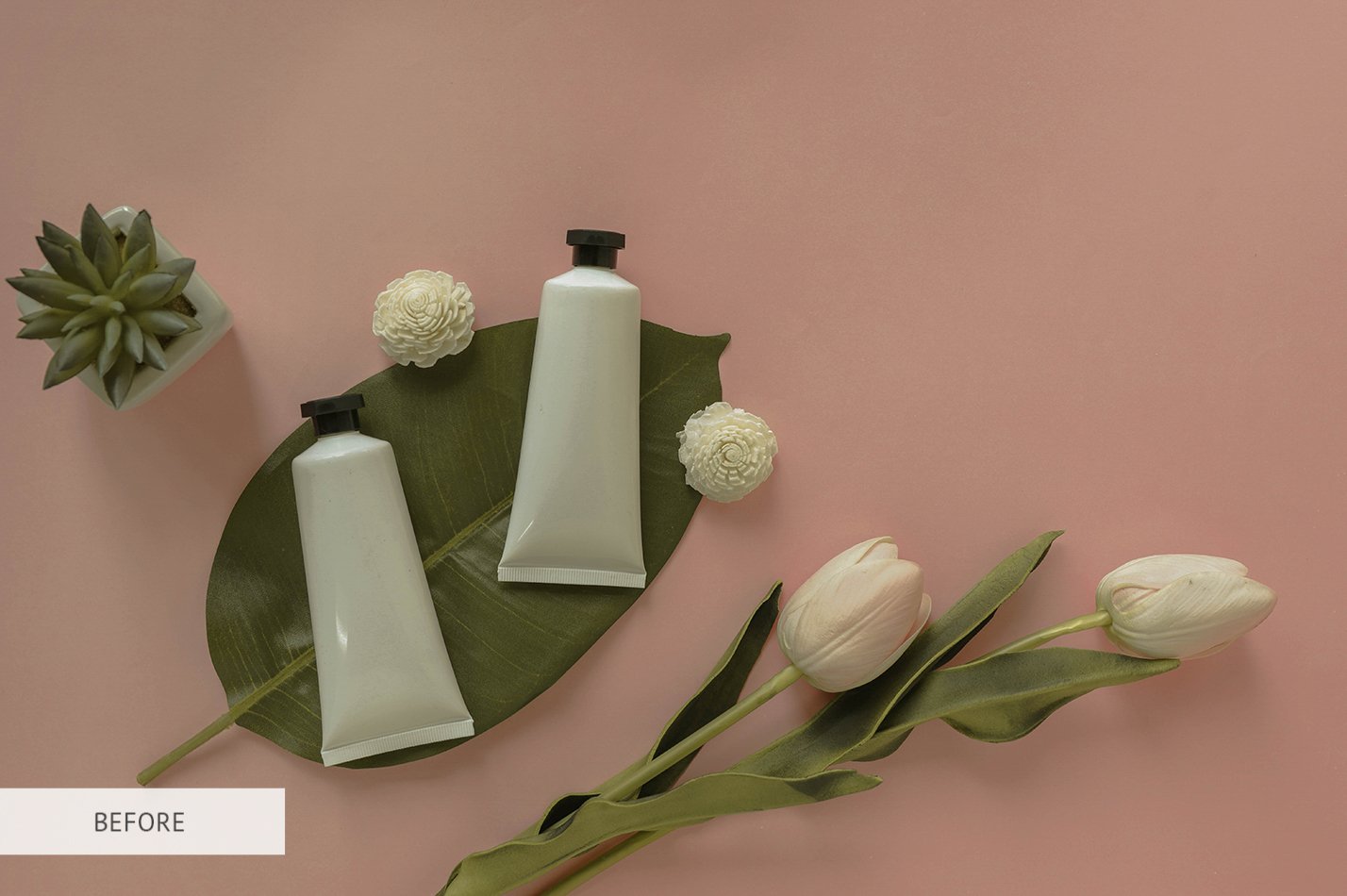 flat lay of beauty skincare products for mock up in minimal style with plant and flower on pink t20 6lw6ey 2 901