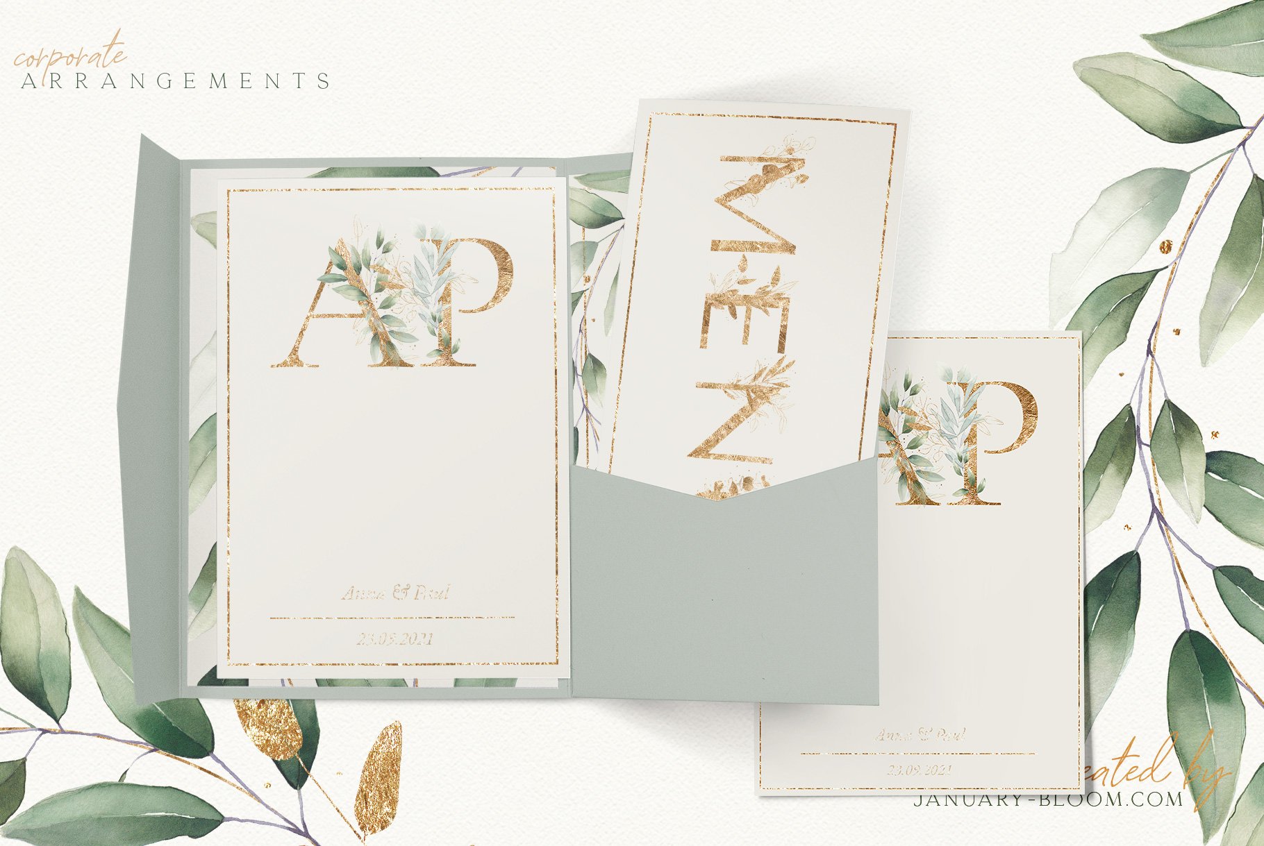 watercolour luxury foliage gold leaf preview image.