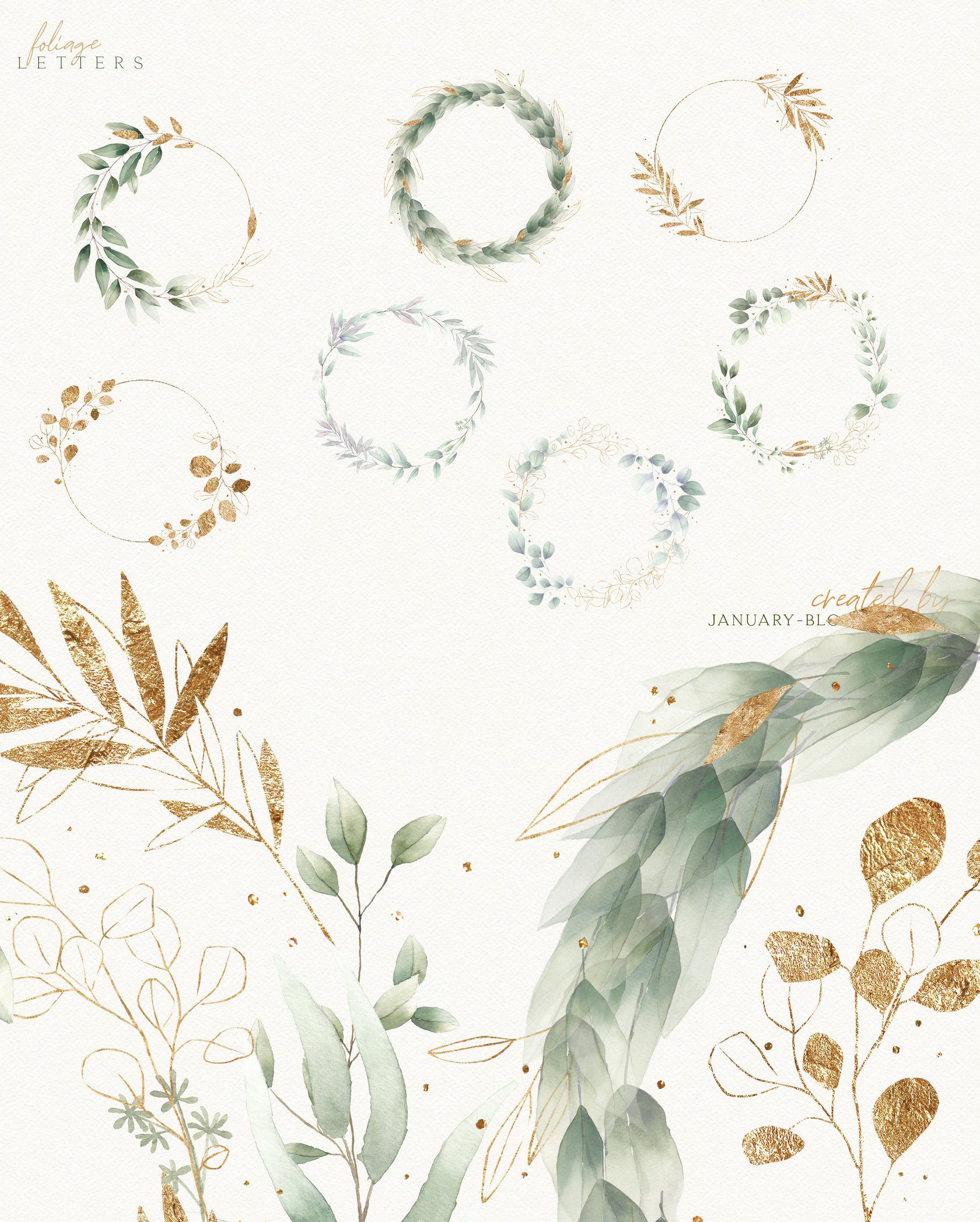 White background with gold and green leaves.