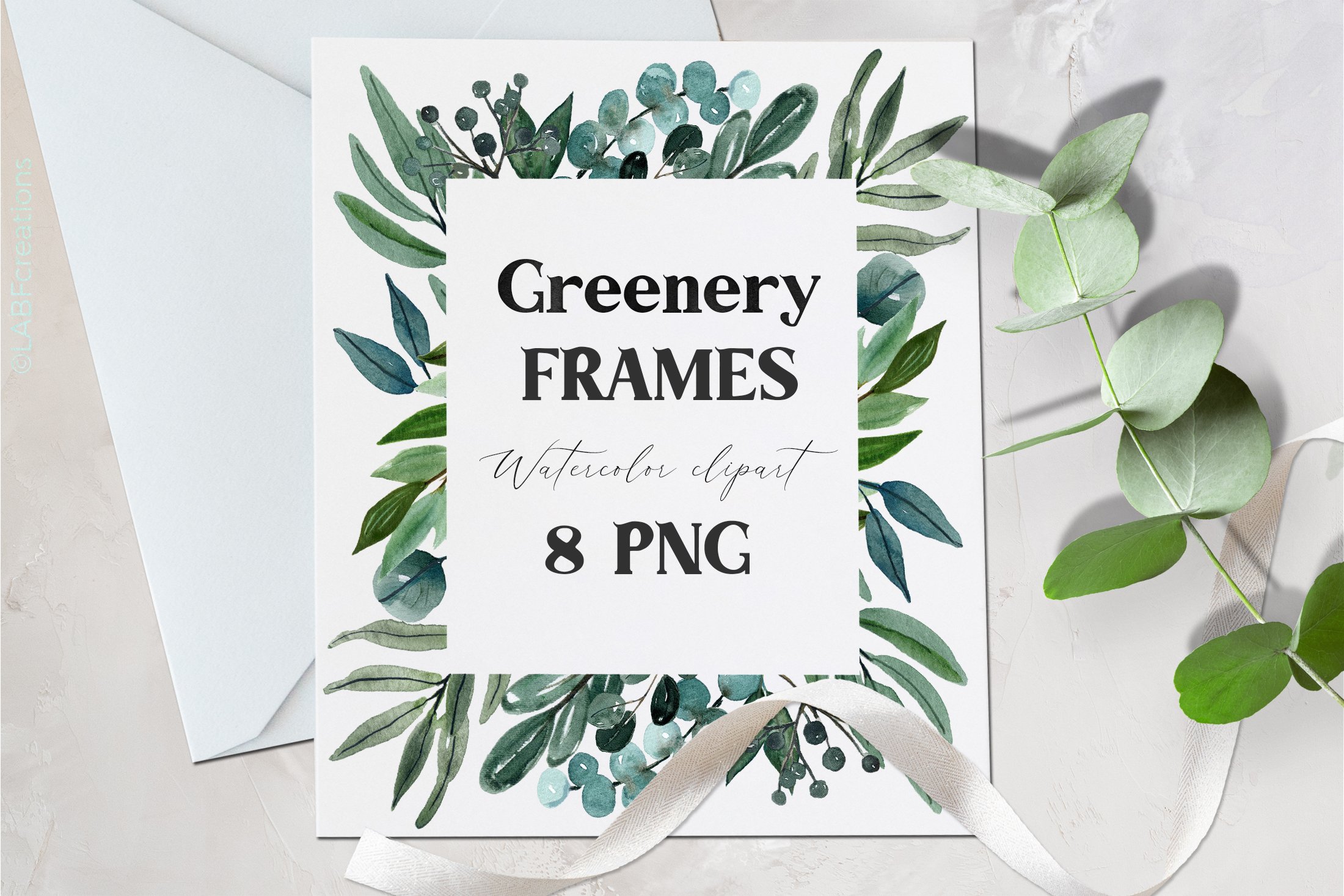 Greeting card with greenery frames on it.