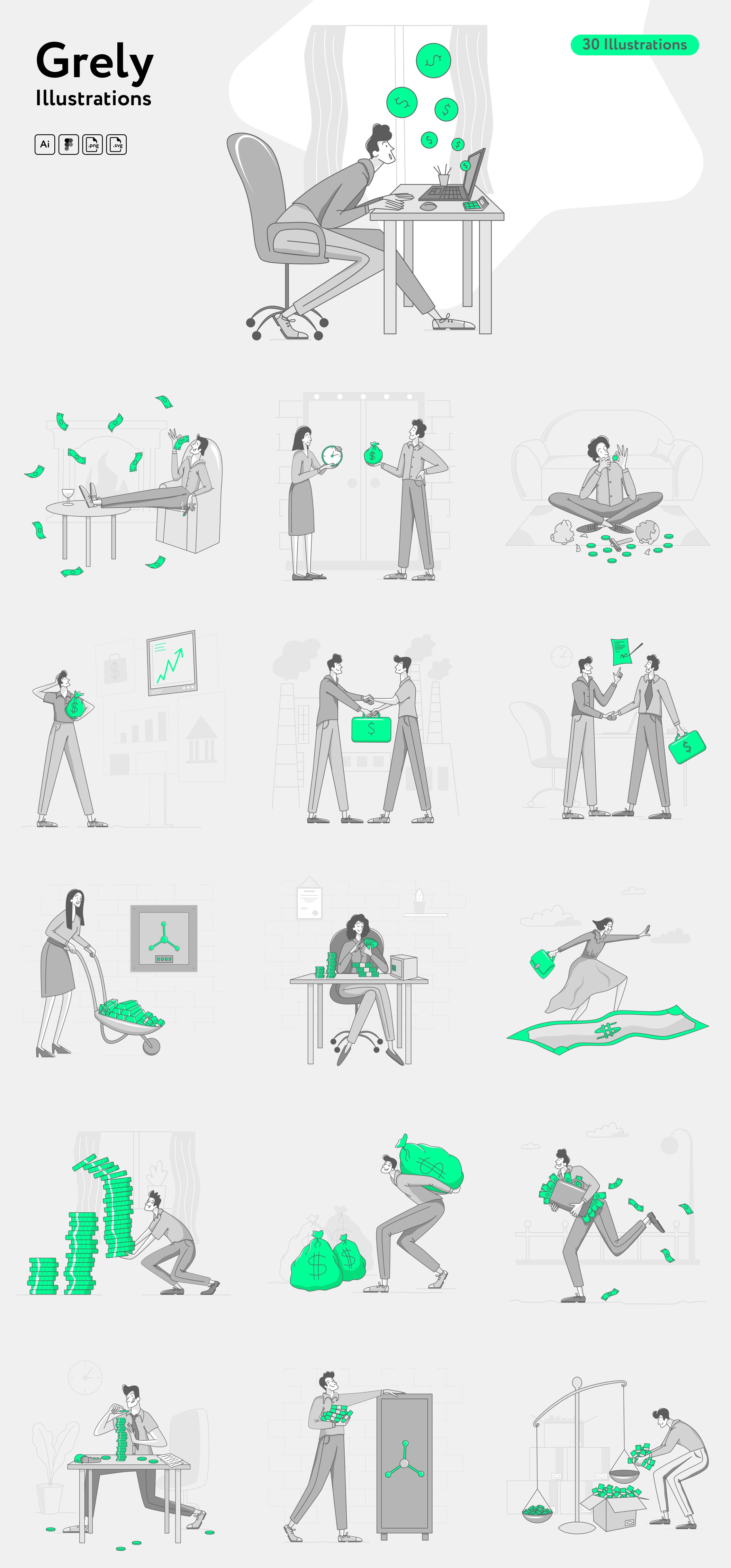 A series of illustrations of people sitting at a table.