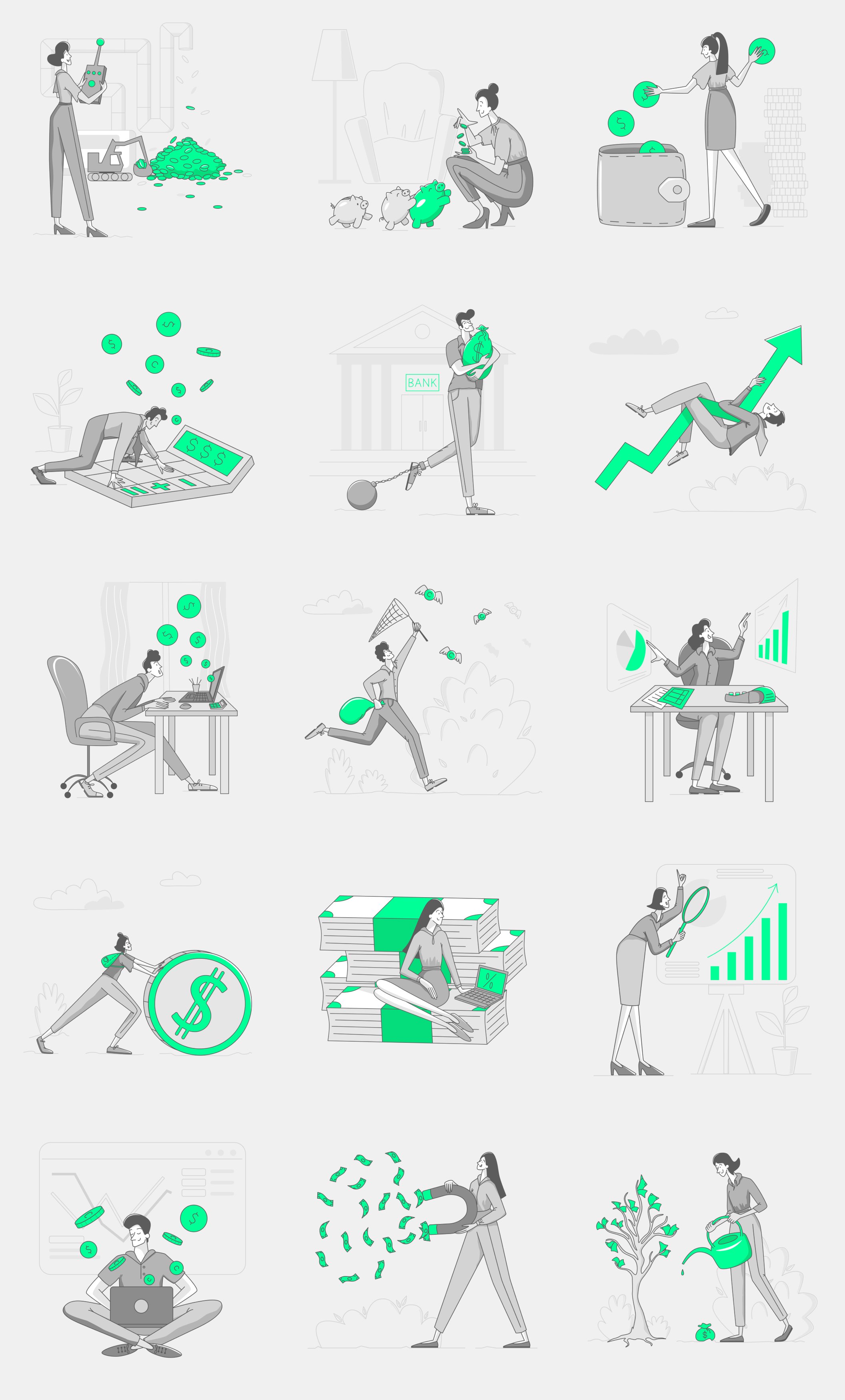 A series of illustrations of people doing different things.