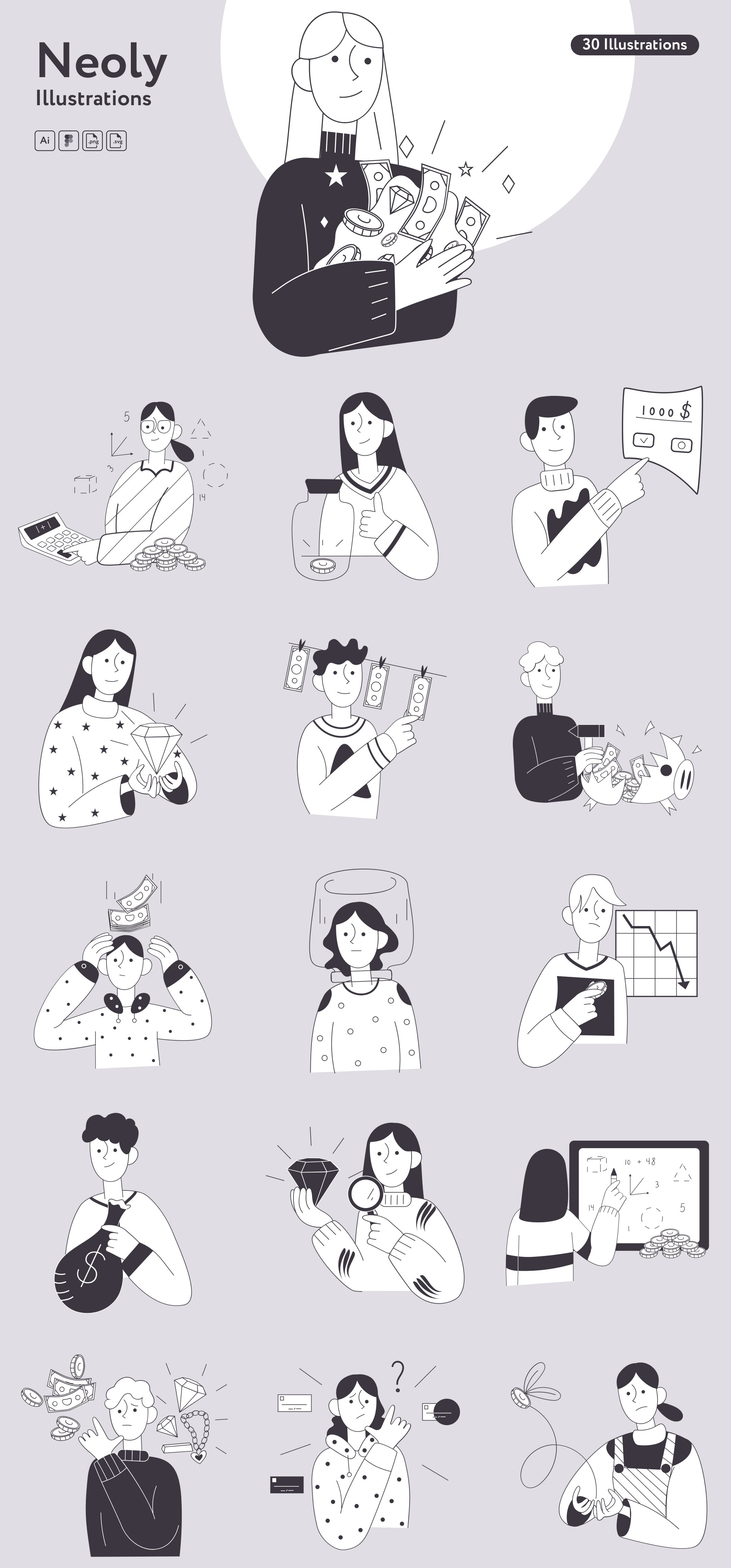 A bunch of black and white illustrations of people.